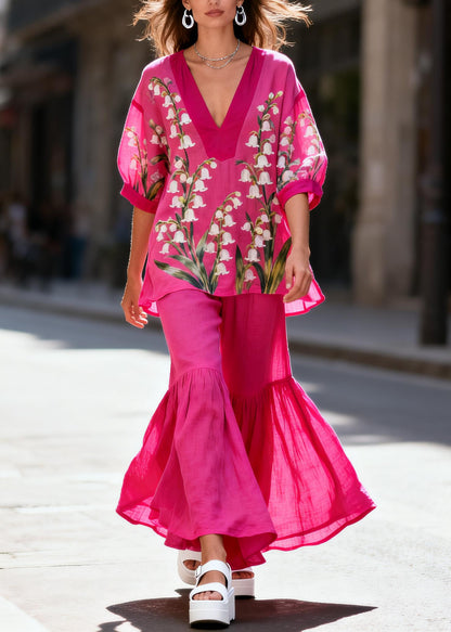 Unique Rose Print Cotton Tops And Bell-bottom Trousers Women Sets 2 Pieces Summer