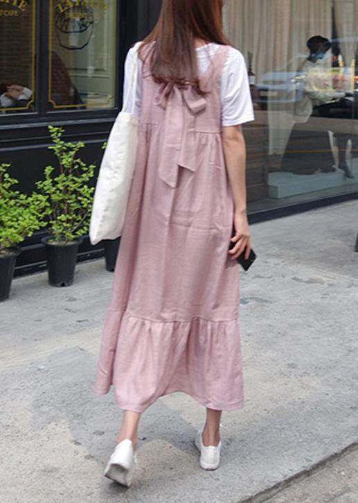 Unique Ruffles Bow cotton summer dresses Work Outfits pink Dresses - SooLinen