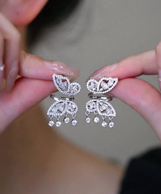 Unique Silk Copper Zircon Butterfly Tassel Stud Earrings