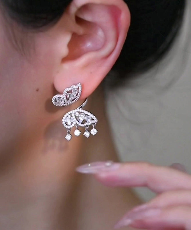 Unique Silk Copper Zircon Butterfly Tassel Stud Earrings