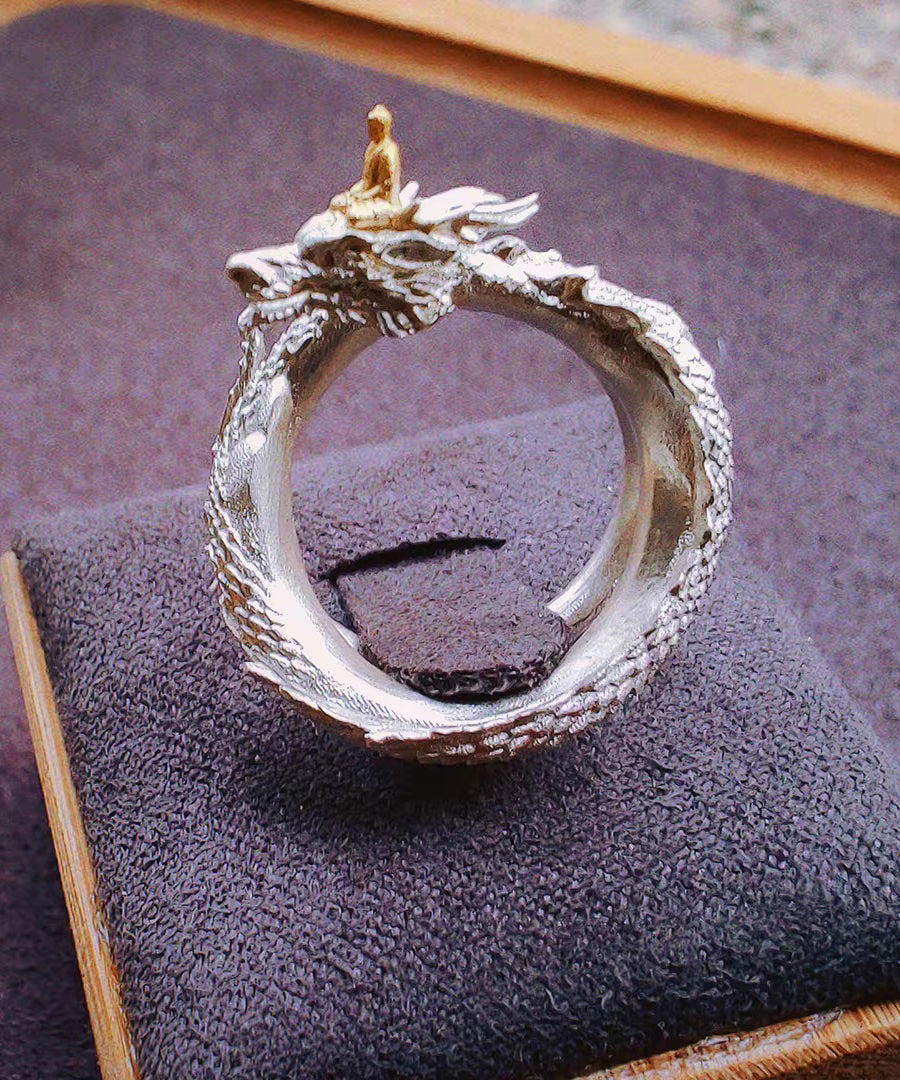 Unique Silk Panlong Meets Buddha Design Silver Rings