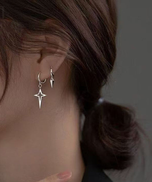 Unique Silk Sterling Silver Asymmetric Cros Star Drop Earrings