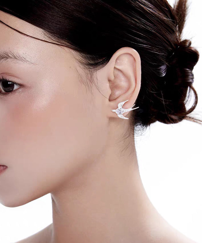 Unique Silver Asymmetric Zircon Little Bird Silver Stud Earrings