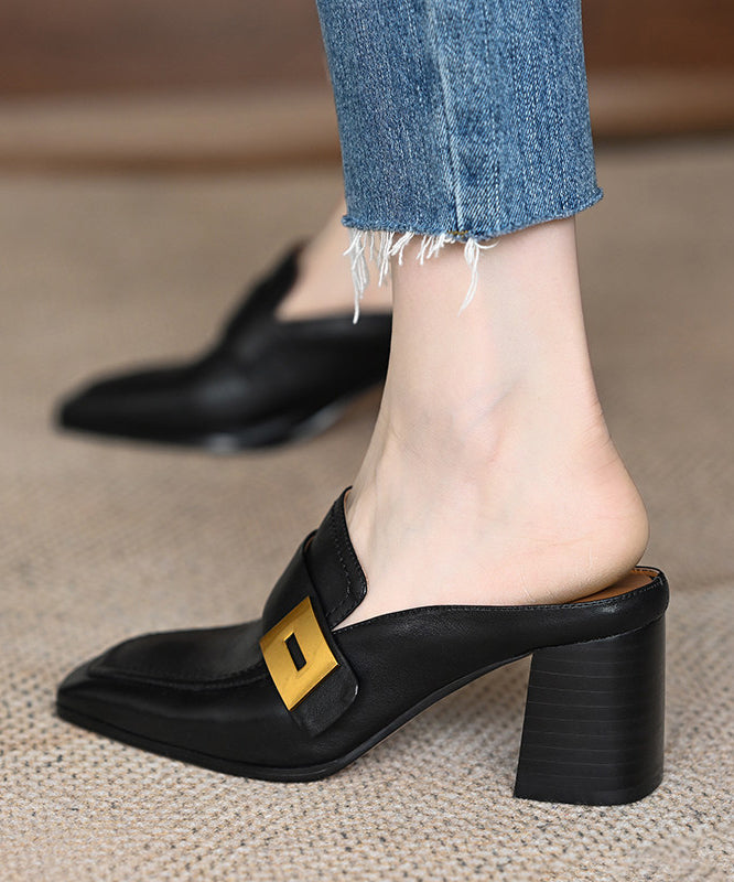 Unique Splicing Chunky Brown Cowhide Leather Slide Sandals