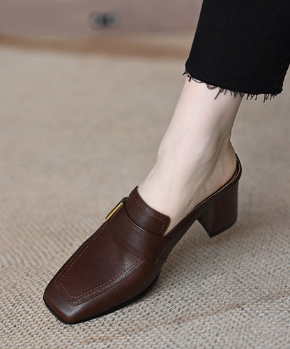 Unique Splicing Chunky Brown Cowhide Leather Slide Sandals