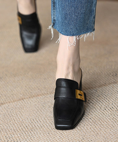 Unique Splicing Chunky Brown Cowhide Leather Slide Sandals