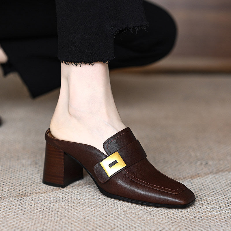 Unique Splicing Chunky Brown Cowhide Leather Slide Sandals