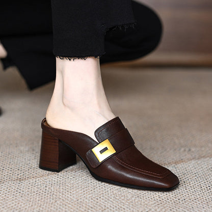 Unique Splicing Chunky Brown Cowhide Leather Slide Sandals