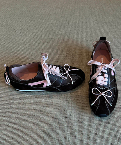 Unique Splicing Flat Shoes Lace Up Black Cowhide Leather