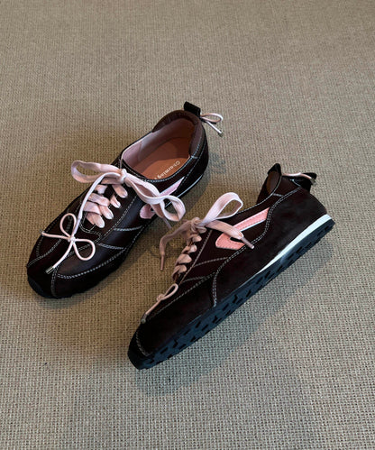 Unique Splicing Flat Shoes Lace Up Black Cowhide Leather
