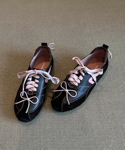 Unique Splicing Flat Shoes Lace Up Black Cowhide Leather