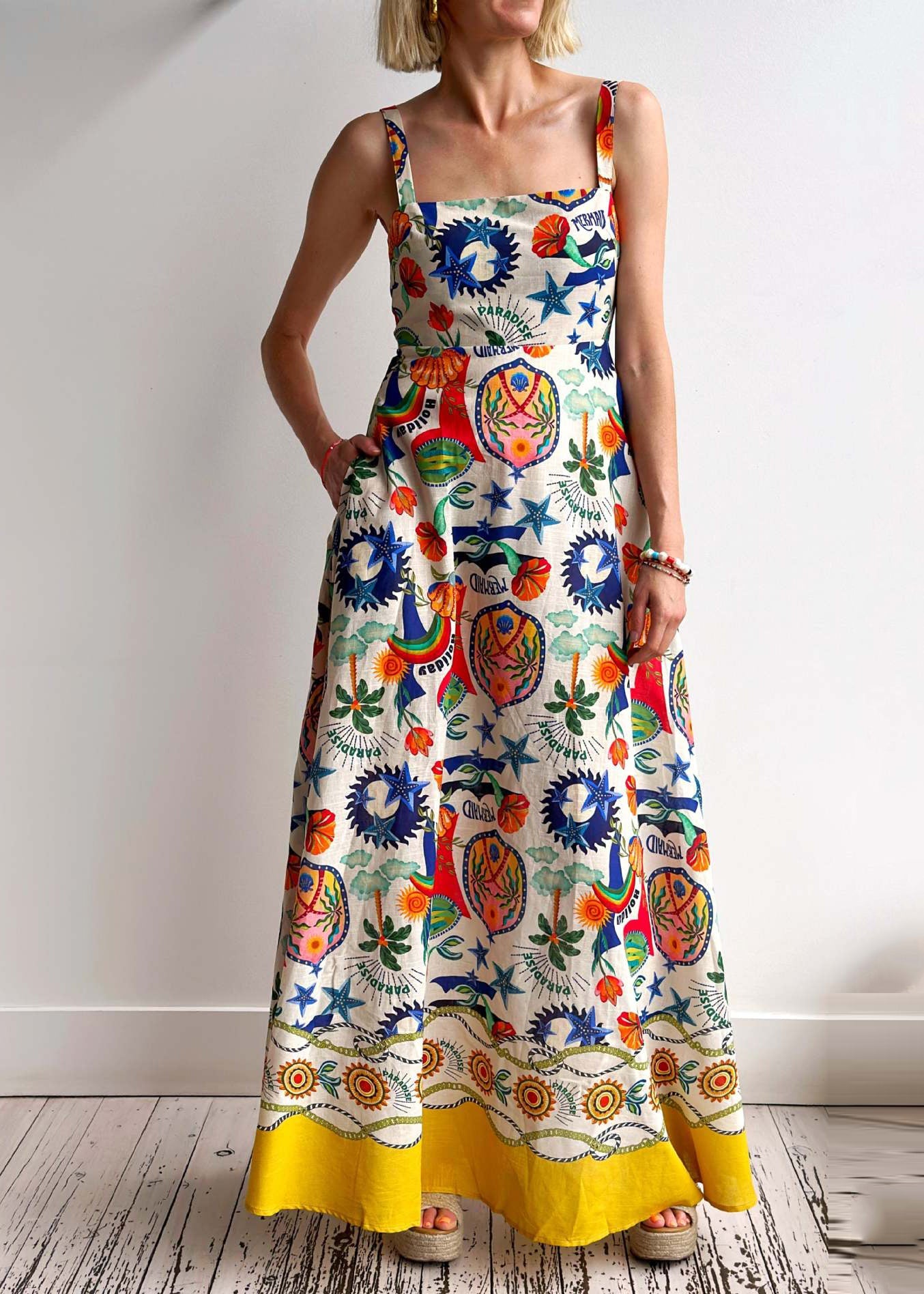 Unique Square Collar Print Cotton Spaghetti Strap Dress Summer