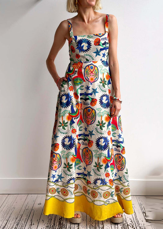 Unique Square Collar Print Cotton Spaghetti Strap Dress Summer