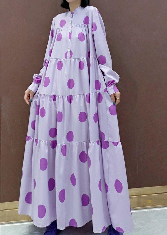 Unique Stand Collar Cinched Spring Outfit Photography Purple Dotted Loose Dresses - SooLinen