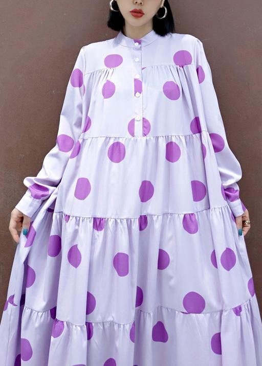 Unique Stand Collar Cinched Spring Outfit Photography Purple Dotted Loose Dresses - SooLinen