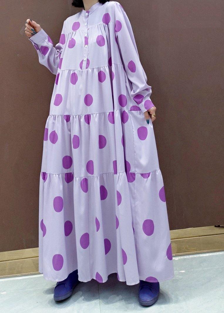 Unique Stand Collar Cinched Spring Outfit Photography Purple Dotted Loose Dresses - SooLinen