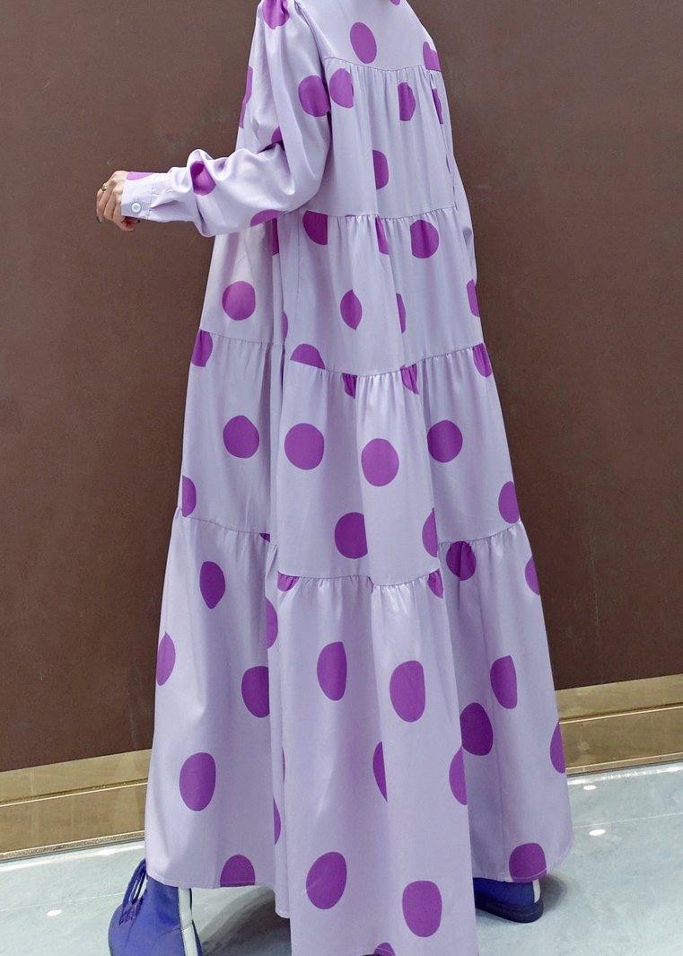 Unique Stand Collar Cinched Spring Outfit Photography Purple Dotted Loose Dresses - SooLinen