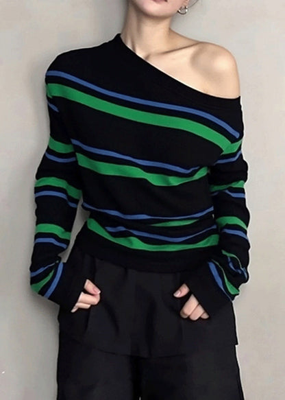 Unique Striped Cold Shoulder Patchwork Knit Short Sweater Fall