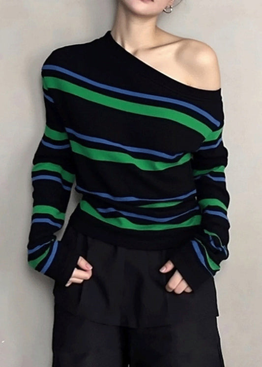 Unique Striped Cold Shoulder Patchwork Knit Short Sweater Fall