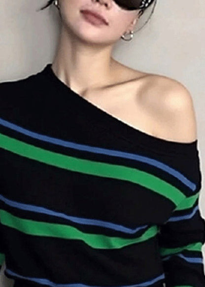Unique Striped Cold Shoulder Patchwork Knit Short Sweater Fall