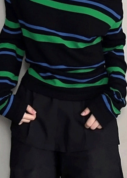 Unique Striped Cold Shoulder Patchwork Knit Short Sweater Fall