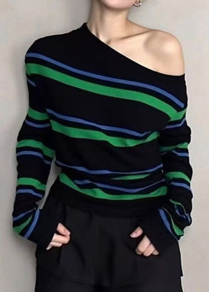 Unique Striped Cold Shoulder Patchwork Knit Short Sweater Fall