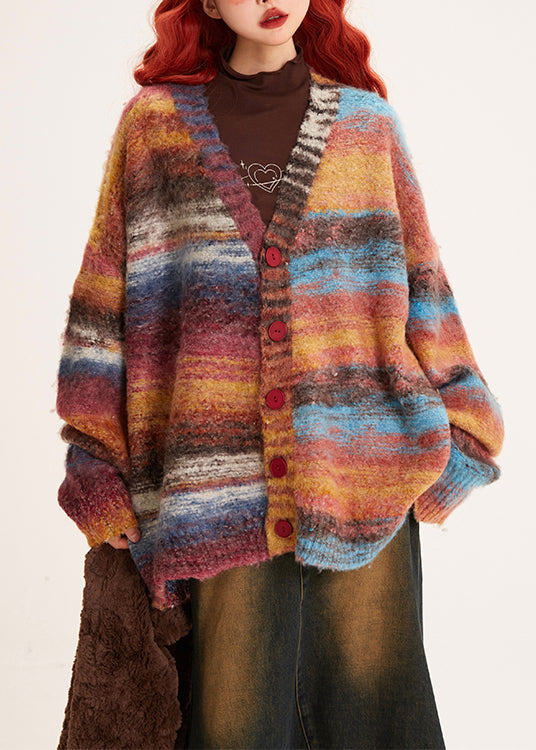 Unique Striped V Neck Button Cozy Knit Coats Winter