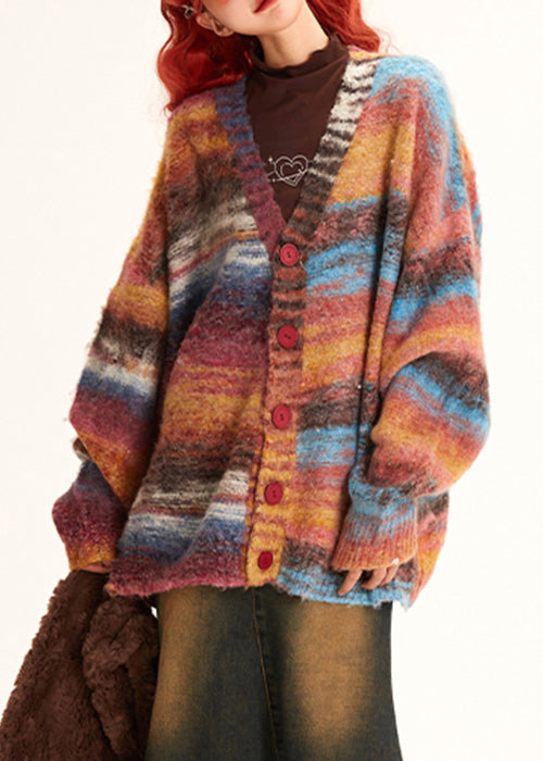 Unique Striped V Neck Button Cozy Knit Coats Winter