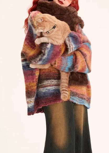 Unique Striped V Neck Button Cozy Knit Coats Winter