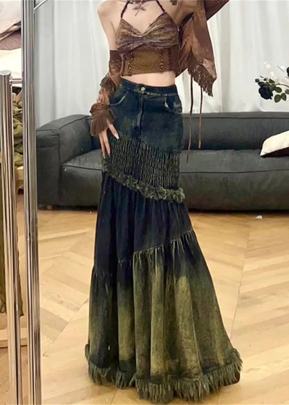 Unique Tassel Patchwork Denim Fish Tail Skirt Spring