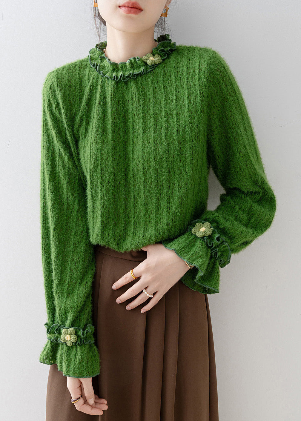 Unique Tea Green Ruffled Floral Knit Top Flare Sleeve