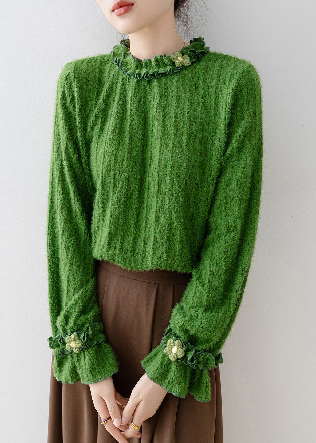 Unique Tea Green Ruffled Floral Knit Top Flare Sleeve