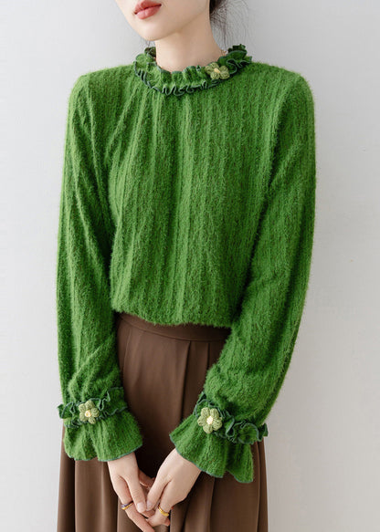 Unique Tea Green Ruffled Floral Knit Top Flare Sleeve