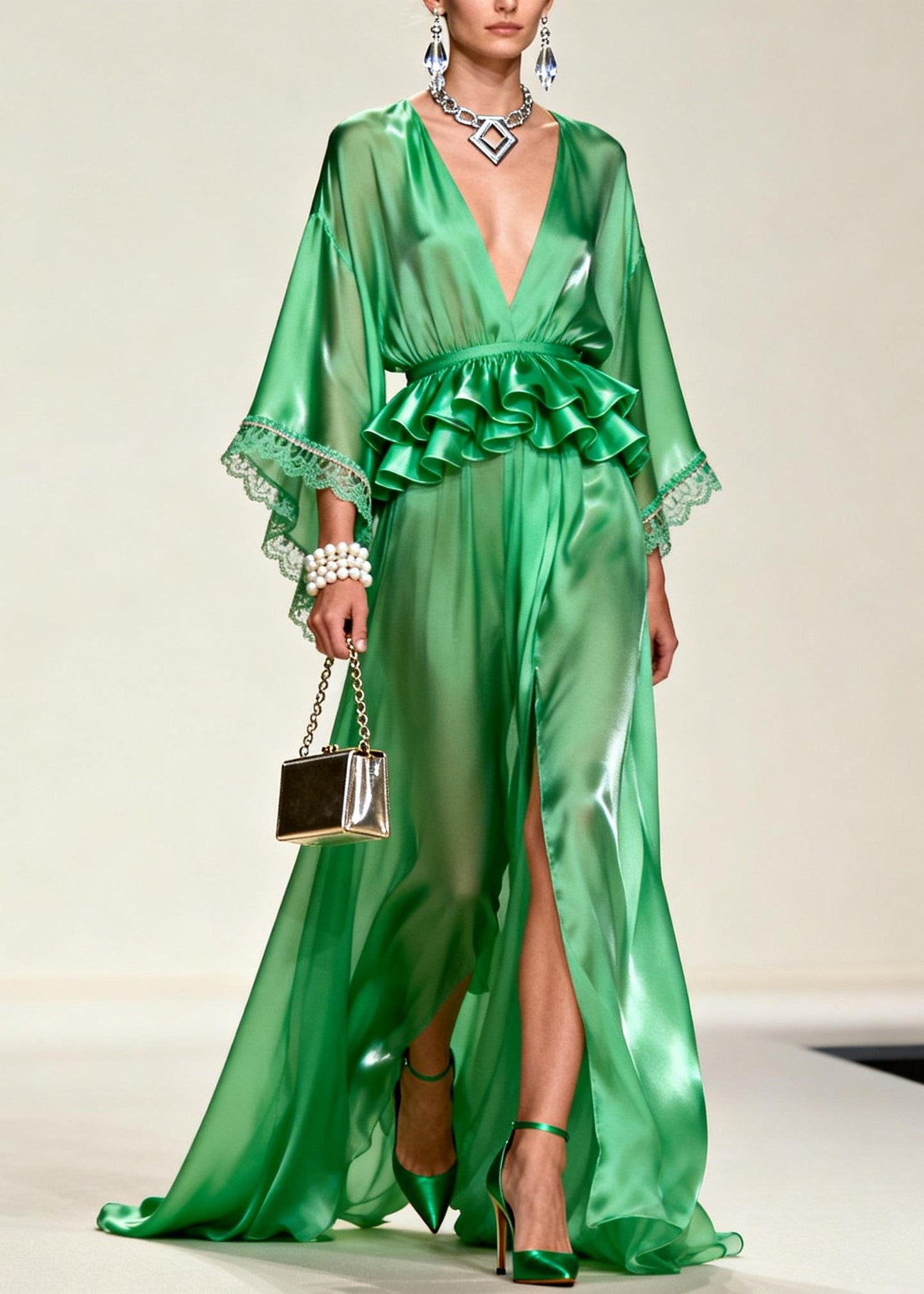 Unique Tea Green solid color Side Open Chiffon Party Dress Summer