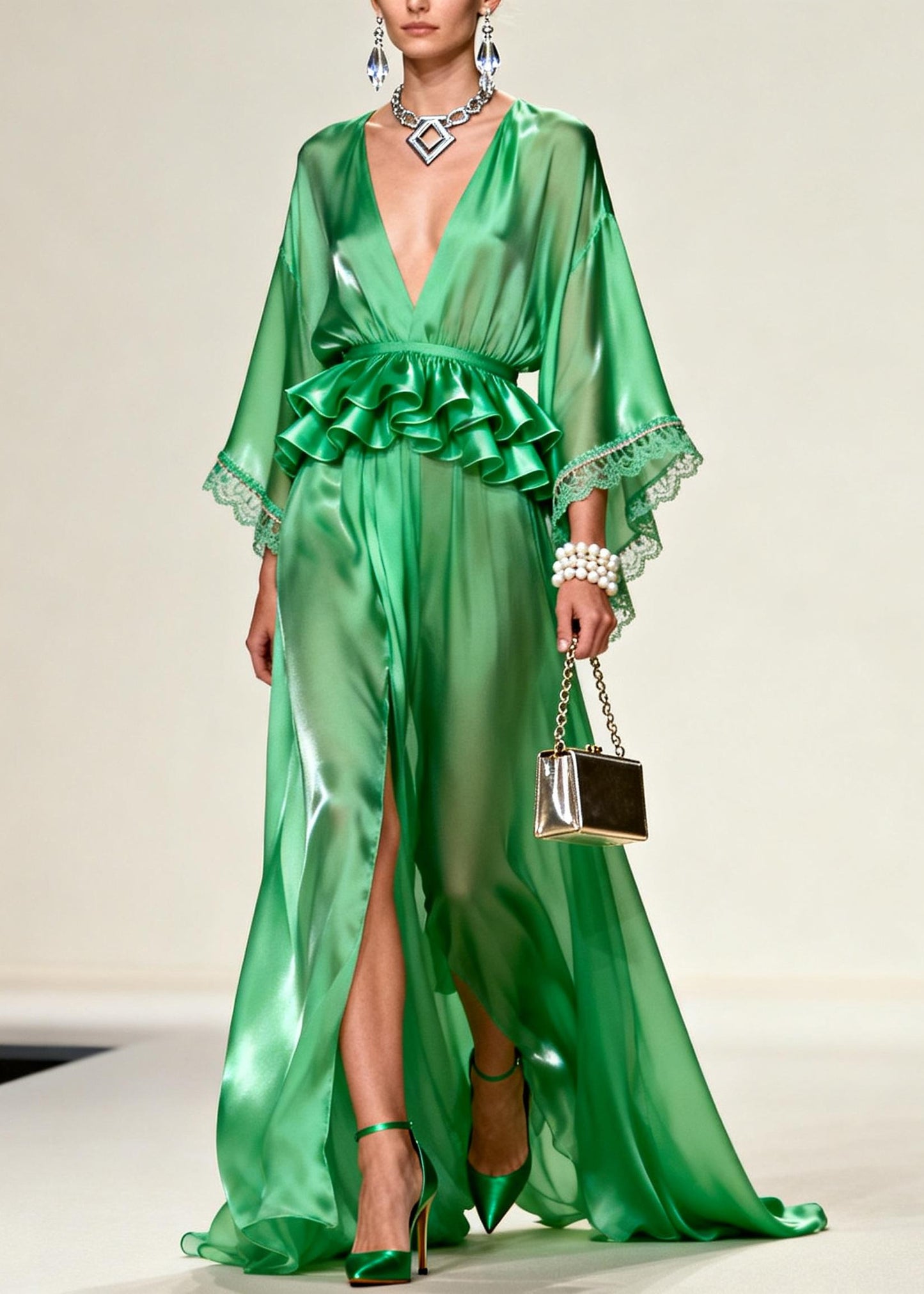 Unique Tea Green solid color Side Open Chiffon Party Dress Summer
