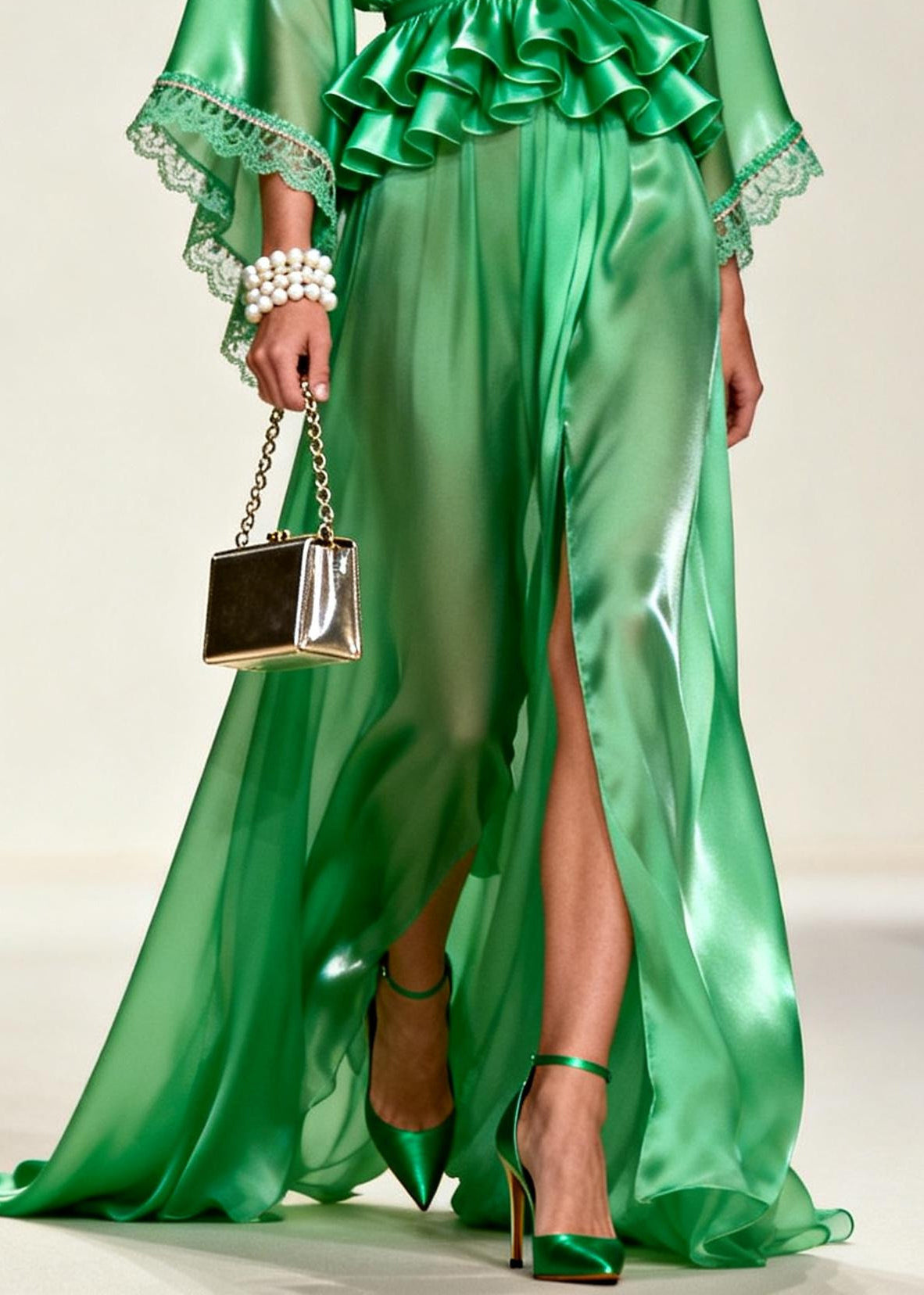 Unique Tea Green solid color Side Open Chiffon Party Dress Summer