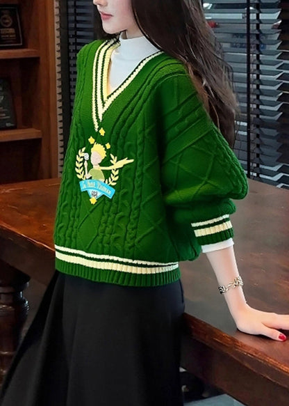 Unique Tea Green V Neck Thick Knit Sweater Winter