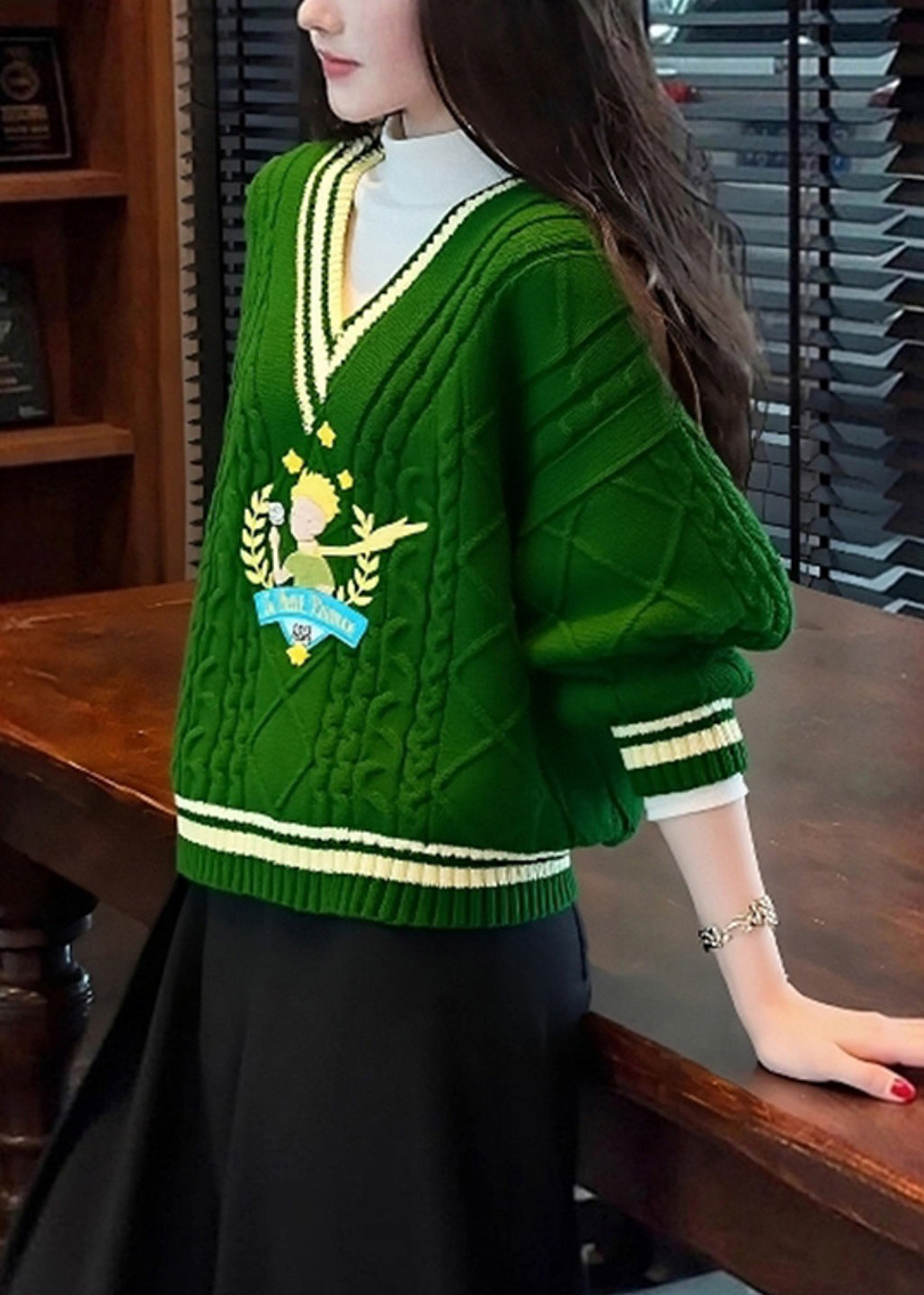 Unique Tea Green V Neck Thick Knit Sweater Winter