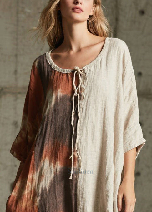 Unique Tie Dye Patchwork Cotton Maxi Dress Bracelet Sleeve