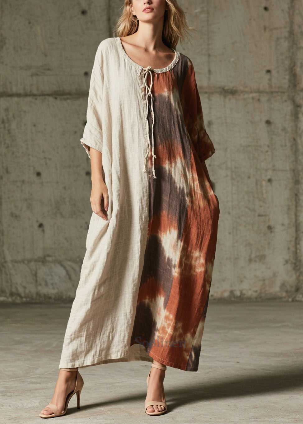 Unique Tie Dye Patchwork Cotton Maxi Dress Bracelet Sleeve