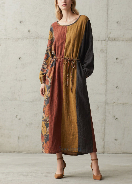 Unique Tunic Patchwork Print Cotton Maxi Dresses Fall