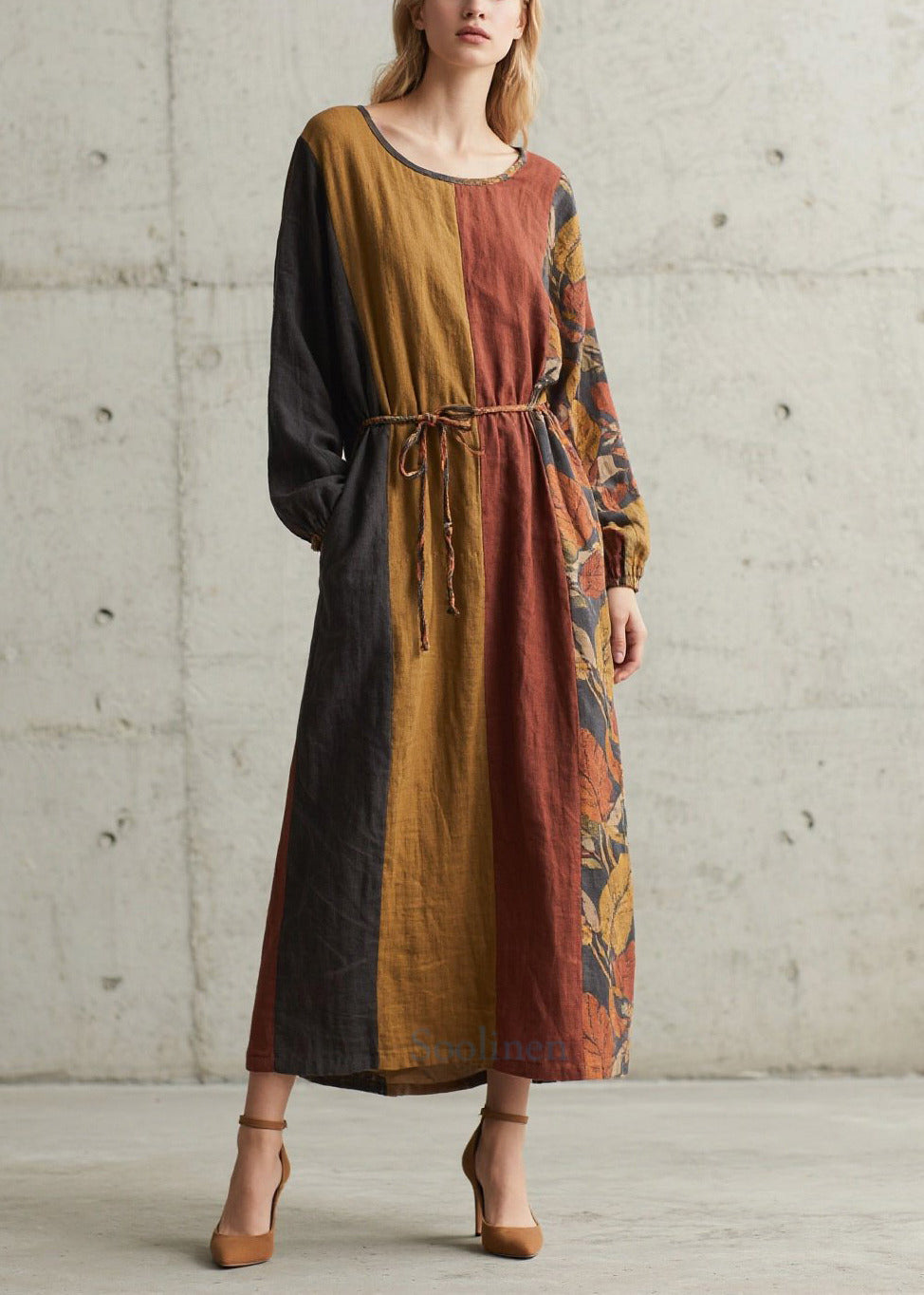 Unique Tunic Patchwork Print Cotton Maxi Dresses Fall
