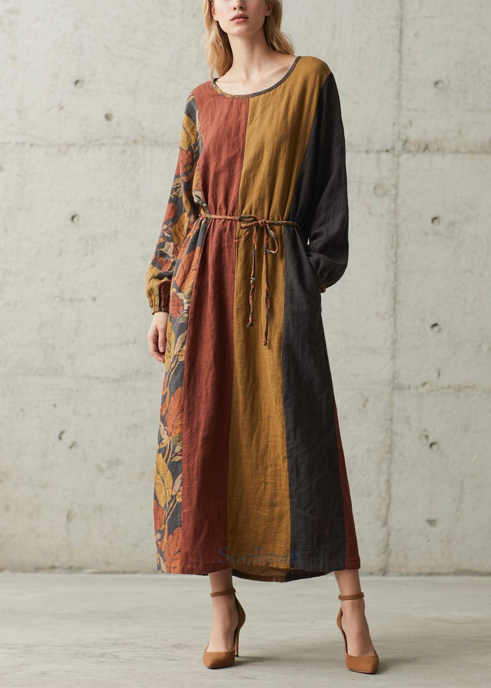 Unique Tunic Patchwork Print Cotton Maxi Dresses Fall