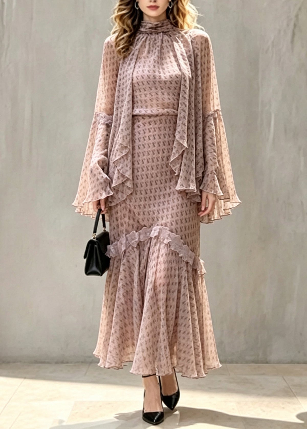 Unique Turtleneck Ruffled Patchwork Tops Maxi Skirts And Two Piece Set Fall
