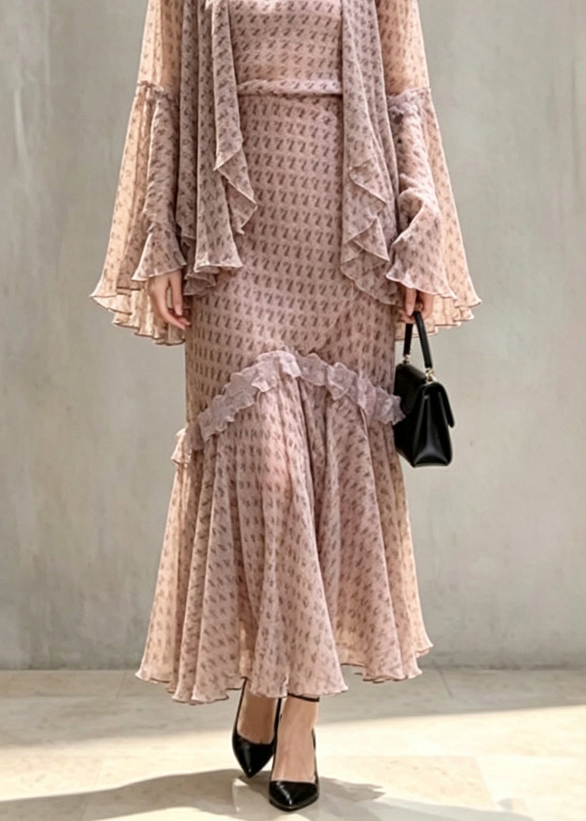 Unique Turtleneck Ruffled Patchwork Tops Maxi Skirts And Two Piece Set Fall