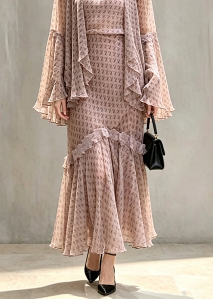 Unique Turtleneck Ruffled Patchwork Tops Maxi Skirts And Two Piece Set Fall