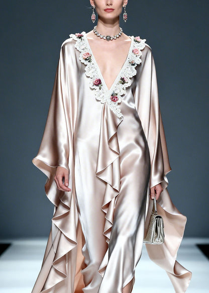 Unique V Neck Asymmetrical Design Ruffled Lace Floral Silk Dress Summer