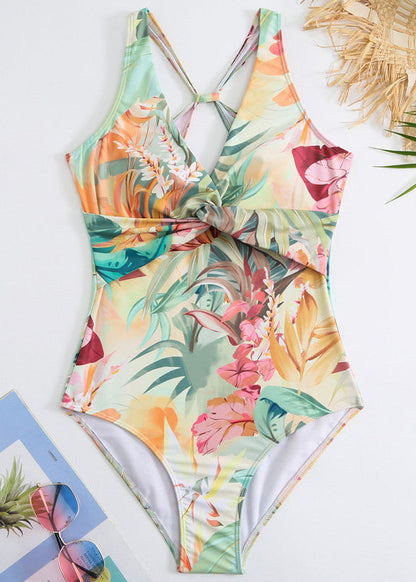 Unique V Neck Print Hollow Out Bodysuit Swimwear