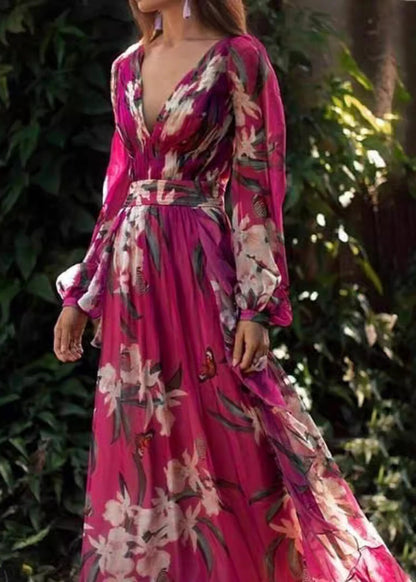 Unique V Neck Print Wrinkled Chiffon Long Dress Spring