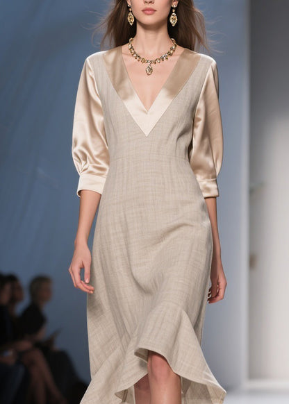 Unique V Neck Ruffled Patchwork Linen Silk Dresses Summer